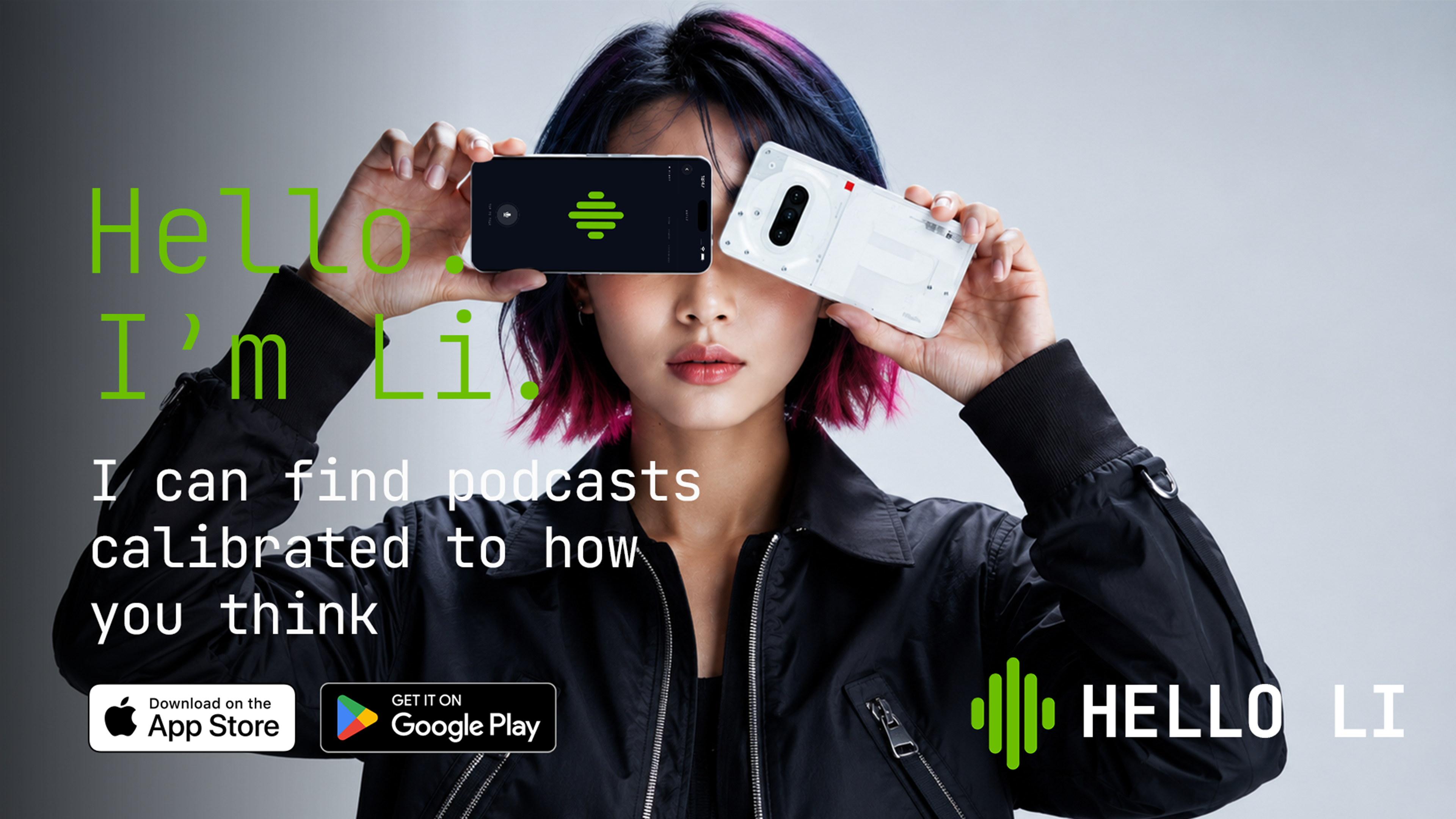 Hello Li · Hello. I'm Li. I can find podcasts calibrated to how you think. OTA FM. Available on the App Store and Google Play.