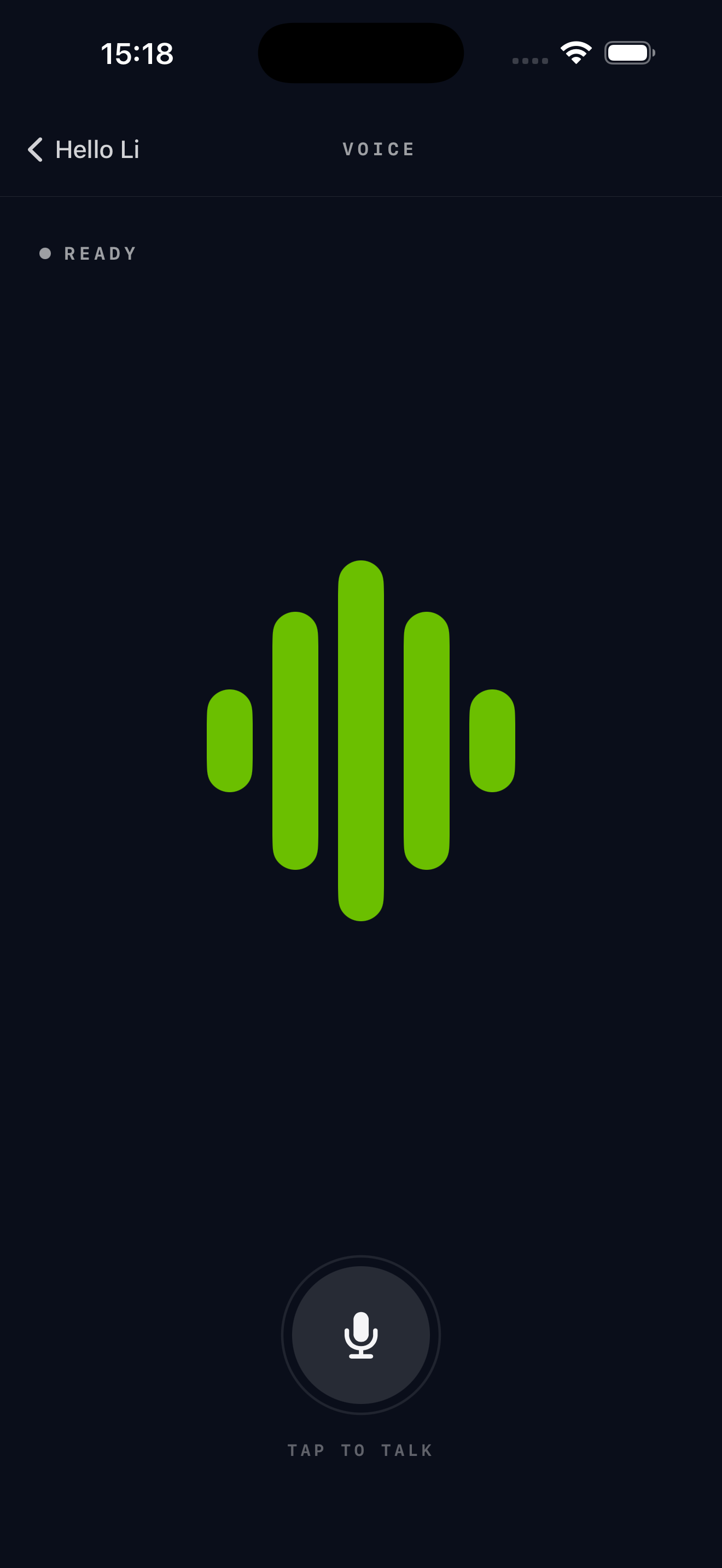 Voice mode tap-to-talk with the flowing brand-green wave, READY status, and the TAP TO TALK microphone affordance.